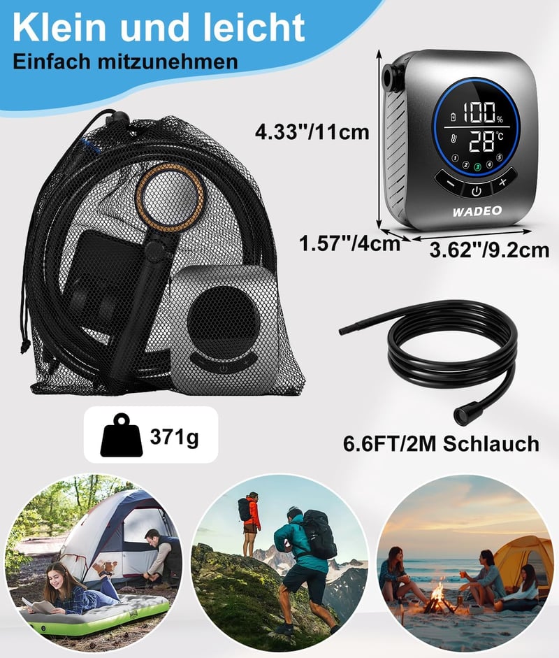 WADEO Hordozható Zuhany Szivattyúval, 8000 mAh Akkumulátor, LED Kijelző, 4 Spray Mód, IPX8 Vízálló Kempingzuhany