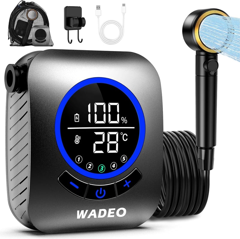 WADEO Hordozható Zuhany Szivattyúval, 8000 mAh Akkumulátor, LED Kijelző, 4 Spray Mód, IPX8 Vízálló Kempingzuhany