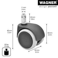 Sada 5 koliesok pre kancelársku stoličku WAGNER – mäkký povrch, Ø 50 mm, výška 55 mm, čap 11x20 mm, nosnosť 50 kg, s brzdou citlivou na zaťaženie 2