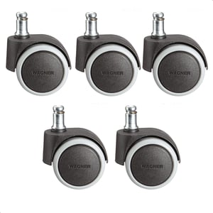 Set kotačića za uredsku stolicu WAGNER, 5 komada - mekana površina, Ø 50 mm, visina 55 mm, zatik 11x20 mm, nosivost 50 kg, sigurnosna kočnica - crni
