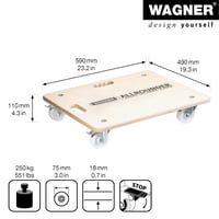 WAGNER MM 1116 bútoráthelyező görgős lap – 59x49x11 cm, 250 kg teherbírás, 2 fogantyú, rétegelt fa, FSC tanúsított, költöztetéshez 2