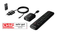 Stick waipu.tv (generația a 2-a) cu telecomandă și iluminare de fundal, WiFi, LAN, HDMI, 4K, HDR10+, Dolby Atmos, voucher pe 3 luni cu 300 de canale TV și 40.000 de filme 5
