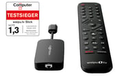 Stick waipu.tv (generația a 2-a) cu telecomandă și iluminare de fundal, WiFi, LAN, HDMI, 4K, HDR10+, Dolby Atmos, voucher pe 3 luni cu 300 de canale TV și 40.000 de filme 2