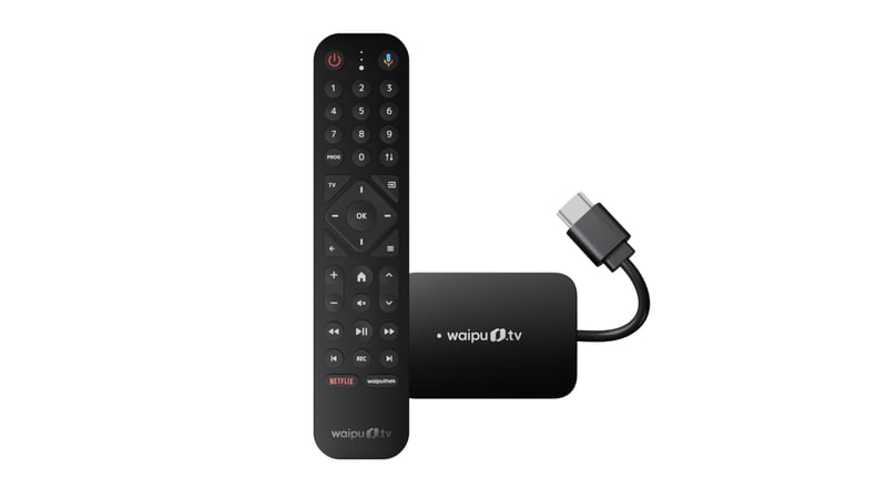 Stick waipu.tv (generația a 2-a) cu telecomandă și iluminare de fundal, WiFi, LAN, HDMI, 4K, HDR10+, Dolby Atmos, voucher pe 3 luni cu 300 de canale TV și 40.000 de filme