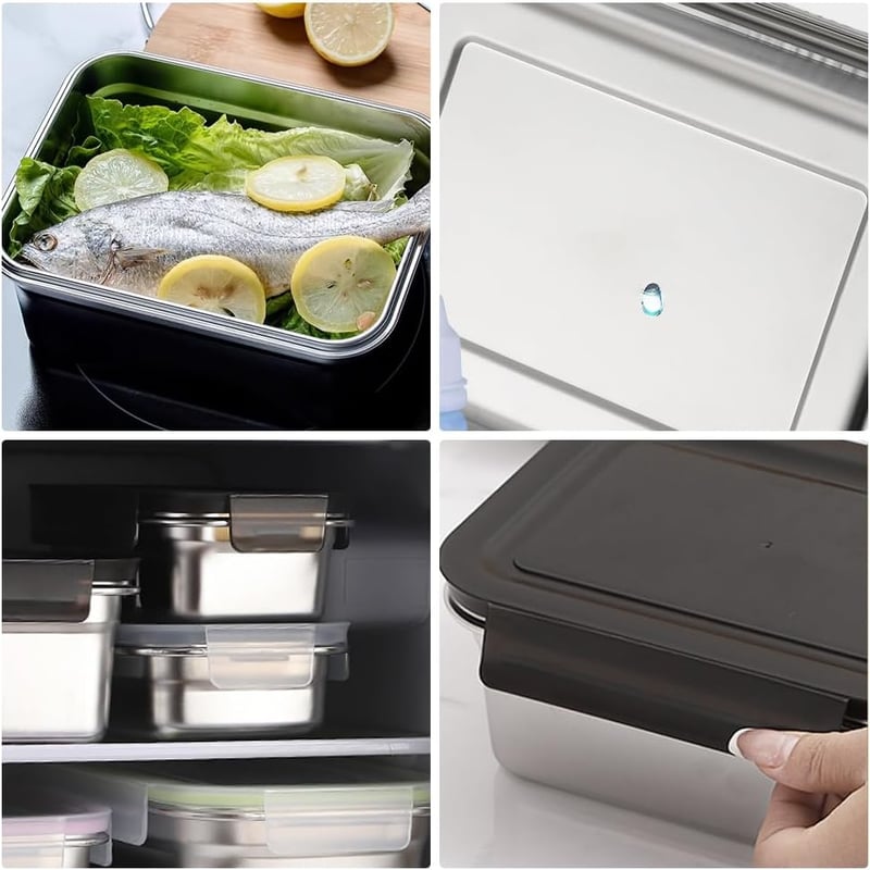 WakiHong 4 db-os Ételtartó Szett 650 ml, Fém Tárolódoboz Fedővel, Hűtőszekrény Tárolás - Black