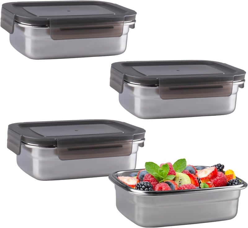 WakiHong 4 db-os Ételtartó Szett 650 ml, Fém Tárolódoboz Fedővel, Hűtőszekrény Tárolás - Black