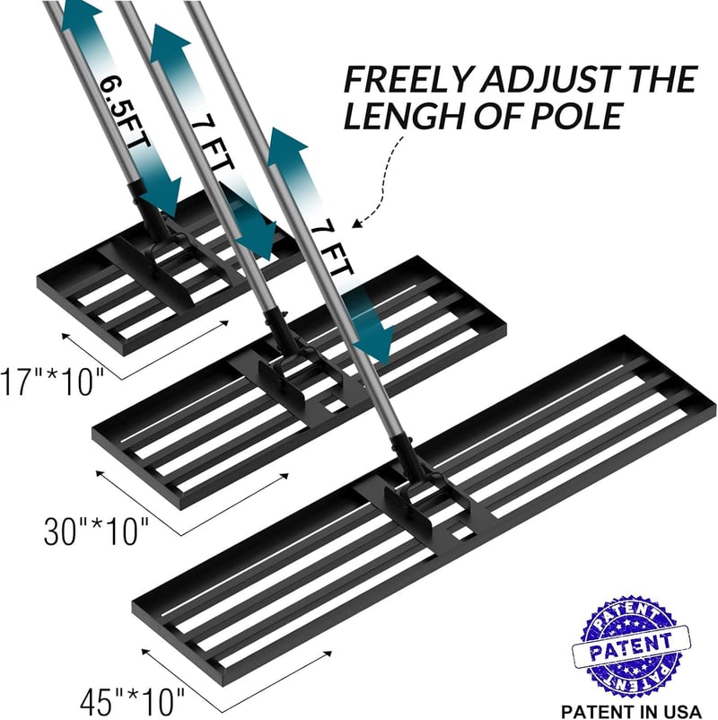Walensee 7ft Fűnyíró Simító Rake Acél Nyéllel Kerthez Golfpályához - 213cm 114x25cm