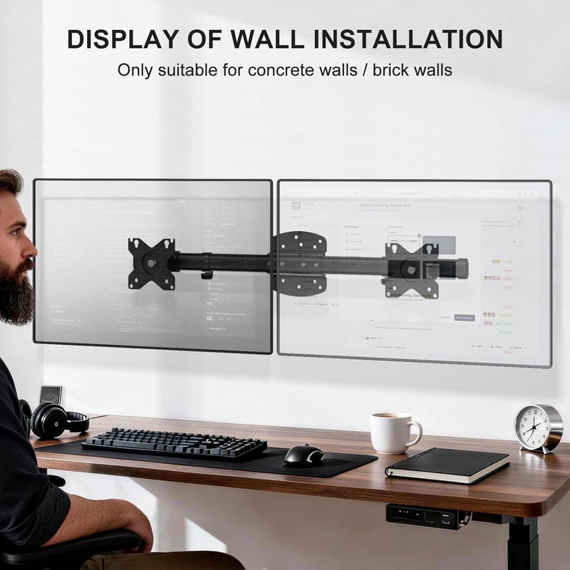 WALI Dual Monitor Fali Tartó, 2 Képernyőhöz 27" Vízszintes Rögzítő Kar, Fekete