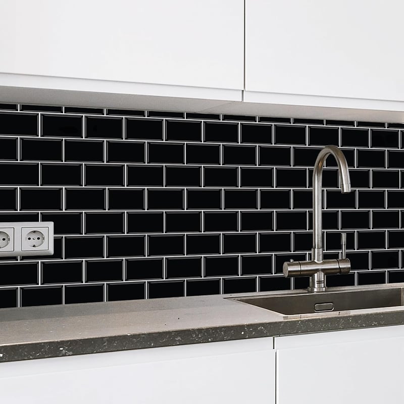 WALPLUS 3D Csempe Matrica 30x15cm Fekete Mozaik Öntapadós Vízálló Fényes Csempematrica Konyha Fürdőszoba Metro Mintás