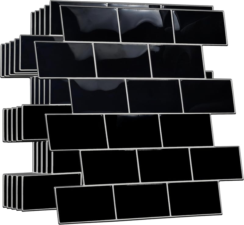 WALPLUS 3D Csempe Matrica 30x15cm Fekete Mozaik Öntapadós Vízálló Fényes Csempematrica Konyha Fürdőszoba Metro Mintás