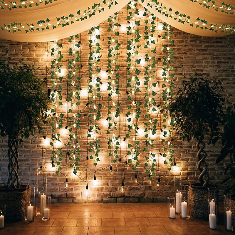 WANGDEFU Műborostyán Girland 12db 25m Zöld Növény 20m 200 LED Fényfüzérrel - Kültéri Vízálló Dekoráció Esküvőre Kertbe Teraszra