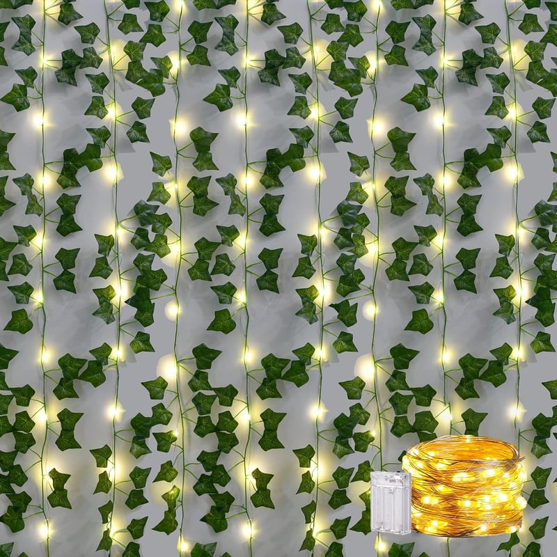 WANGDEFU Műborostyán Girland 12db 25m Zöld Növény 20m 200 LED Fényfüzérrel - Kültéri Vízálló Dekoráció Esküvőre Kertbe Teraszra