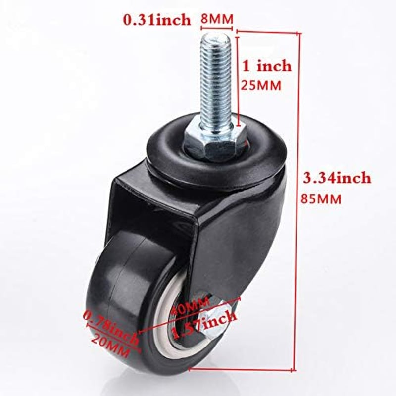 WANLIAN M8 x 25mm Bútor Görgő Szett - 4db Forgó Poliuretán Kerék, 240kg Teherbírás, Bútormozgatáshoz, Asztalokhoz, Székekhez - Fékmentes Kiv
