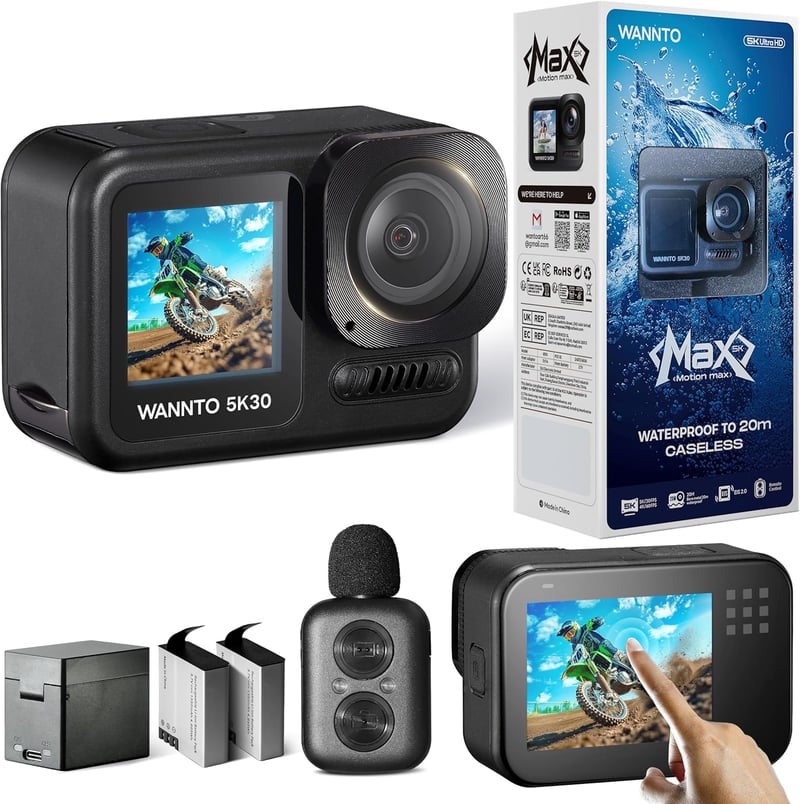 WANNTO Motion Max 5K Akciókamera 30MP Felbontással, IPX8 Vízálló 20m-ig, WiFi, Kettős Kijelző, Vezeték Nélküli Mikrofonnal és Távirányítóval