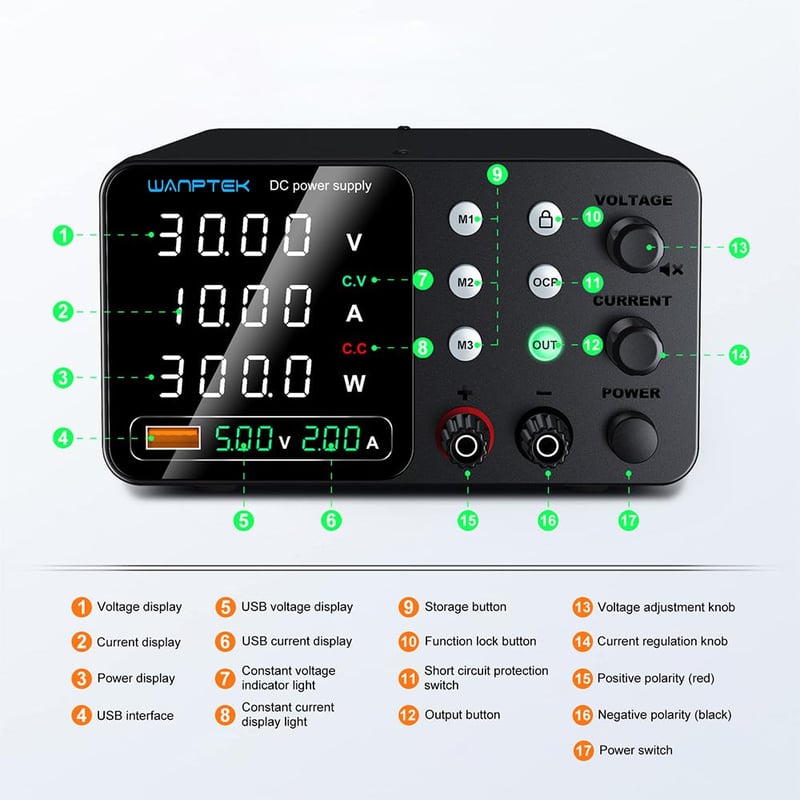 WANPTEK POWER 30V 10A Laboratóriumi Tápegység USB Töltéssel OCP Védelemmel