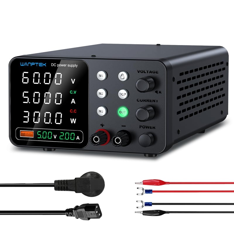 Laboratórny napájací zdroj WANPTEK 60V 5A, 3 pamäte a uzamykací kľúč, ochrana OCP, rýchlonabíjanie cez USB, 4-miestny LED displej, regulovateľný laboratórny zdroj