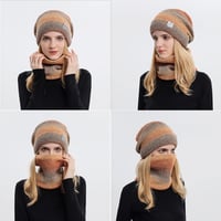 WANYIG Női téli kötött sapka sállal szett, barna-bézs csíkos beanie, 56-60 cm, őszi-téli meleg kiegészítő 5