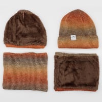 WANYIG Női téli kötött sapka sállal szett, barna-bézs csíkos beanie, 56-60 cm, őszi-téli meleg kiegészítő 6