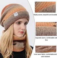 WANYIG Női téli kötött sapka sállal szett, barna-bézs csíkos beanie, 56-60 cm, őszi-téli meleg kiegészítő 2