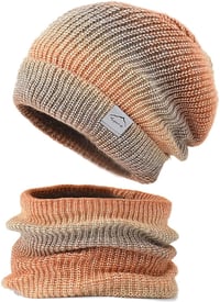 WANYIG Női téli kötött sapka sállal szett, barna-bézs csíkos beanie, 56-60 cm, őszi-téli meleg kiegészítő 1