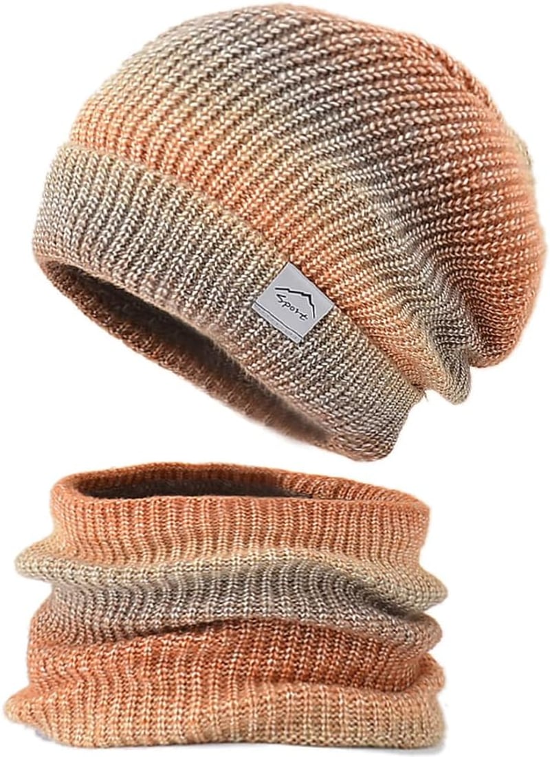 WANYIG Női téli kötött sapka sállal szett, barna-bézs csíkos beanie, 56-60 cm, őszi-téli meleg kiegészítő