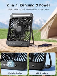 Nabíjateľný kempingový ventilátor Warmco D4, 20 000 mAh, LED svetlo, 48-hodinová výdrž, prenosný kempingový ventilátor so svetlom 6