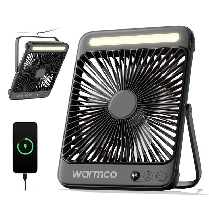 Nabíjateľný kempingový ventilátor Warmco D4, 20 000 mAh, LED svetlo, 48-hodinová výdrž, prenosný kempingový ventilátor so svetlom