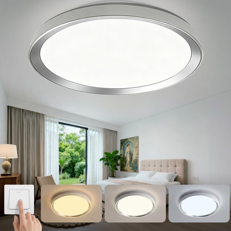 LED stropné svietidlo WARMELLE 48W 6500LM, priemer 38 cm, strieborné, s 3 teplotami farieb (3000K/4000K/6500K), ovládateľné nástenným vypínačom, bez blikania, CRI80+, do kancelárie, spálne a obývačky