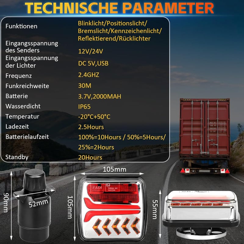 Warmfay Mágneses Vezeték Nélküli LED Hátsó Lámpák Utánfutóhoz 12/24V, Újratölthető Vízálló Világítás Teherautó Traktor