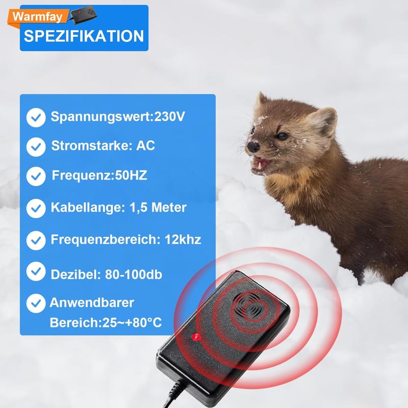 Warmfay Nyestriasztó Ultrahangos Készülék 50 m²-re, Konnektoros Nyestűző Padlásra Pincére Garázsba Istállóba