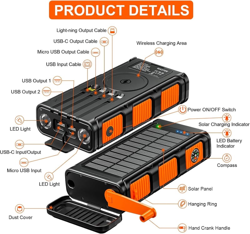 WASTDE 26800mAh Napelemes Power Bank Kurblis Kültéri Vízálló Gyorstöltés 7 Kimenet