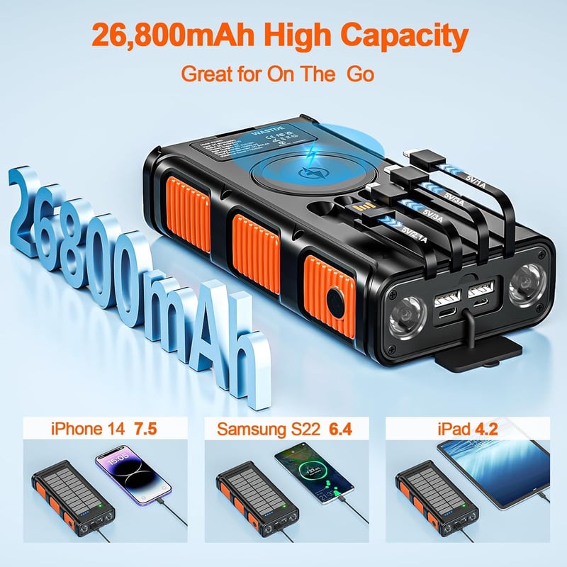 WASTDE 26800mAh Napelemes Power Bank Kurblis Kültéri Vízálló Gyorstöltés 7 Kimenet