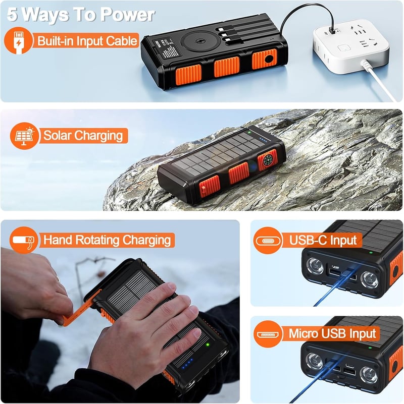 WASTDE 26800mAh Napelemes Power Bank Kurblis Kültéri Vízálló Gyorstöltés 7 Kimenet
