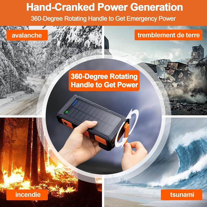 WASTDE 26800mAh Napelemes Power Bank Kurblis Kültéri Vízálló Gyorstöltés 7 Kimenet