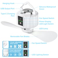 Wastou X15 kempingový ventilátor s LED lampášom, 5200 mAh, nabíjateľný cez USB, s diaľkovým ovládaním, časovačom, odnímateľnými lopatkami, biely, do stanu, na cesty 3