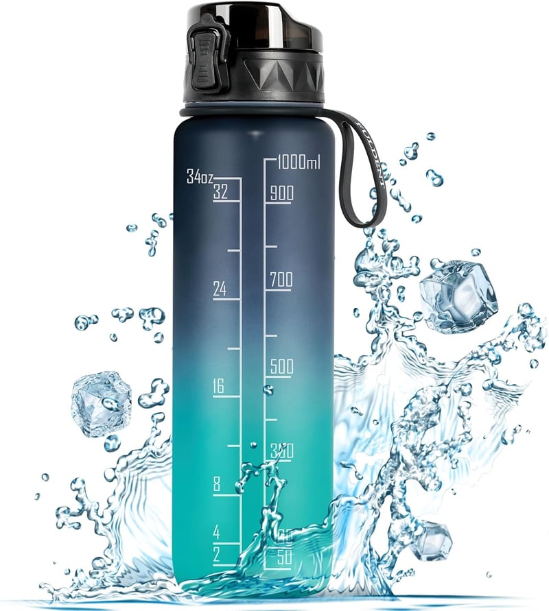 Water Bottle 1 Litre Sports Water Bottle BPA Free with Non-Slip Rubber Grip - Suitable for Bicycle, Outdoor, School, Gym