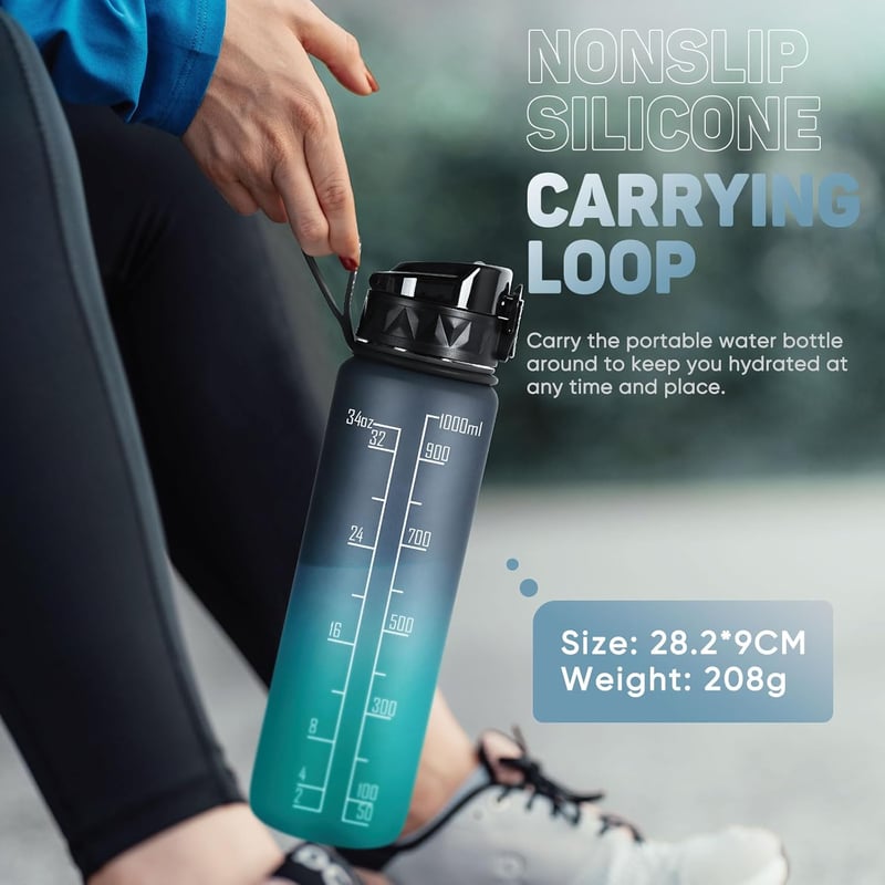 Water Bottle 1 Litre Sports Water Bottle BPA Free with Non-Slip Rubber Grip - Suitable for Bicycle, Outdoor, School, Gym