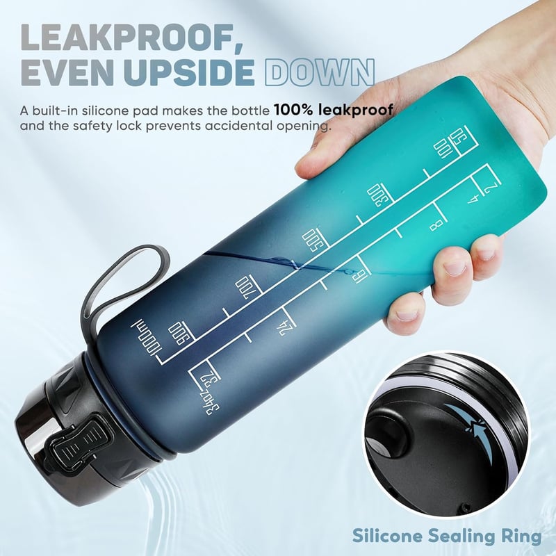 Water Bottle 1 Litre Sports Water Bottle BPA Free with Non-Slip Rubber Grip - Suitable for Bicycle, Outdoor, School, Gym