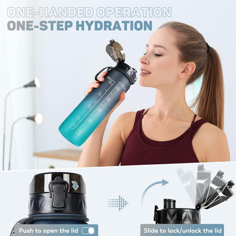 Water Bottle 1 Litre Sports Water Bottle BPA Free with Non-Slip Rubber Grip - Suitable for Bicycle, Outdoor, School, Gym