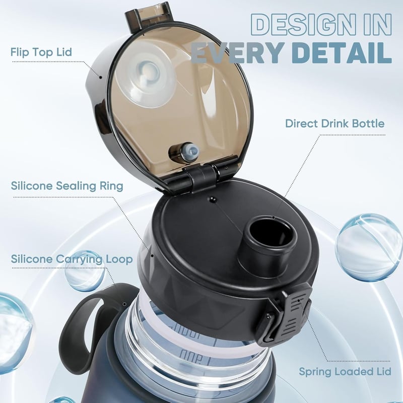 Water Bottle 1 Litre Sports Water Bottle BPA Free with Non-Slip Rubber Grip - Suitable for Bicycle, Outdoor, School, Gym