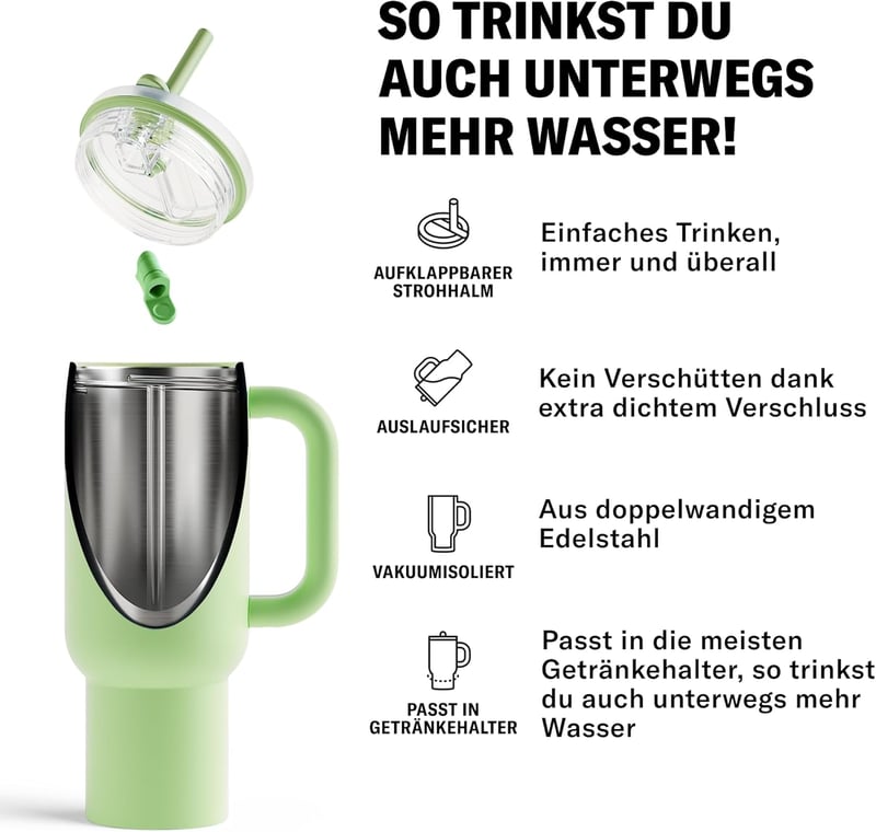 Waterdrop MICRODRINK 1,1L Termikus Ivópalack Szívószállal, Hőtartó Rozsdamentes Acél Kulacs - Zöld