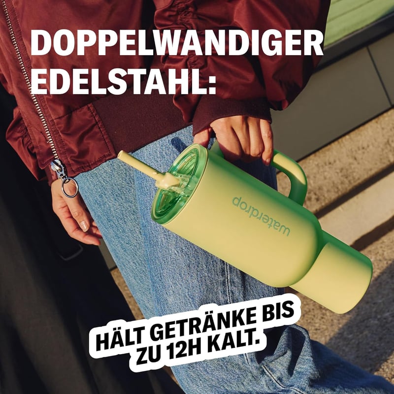 Waterdrop MICRODRINK 1,1L Termikus Ivópalack Szívószállal, Hőtartó Rozsdamentes Acél Kulacs - Zöld