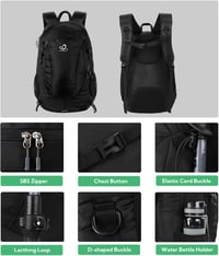 WATERFLY 30L Túrahátizsák - Vízálló Nylon Túra Hátizsák Lopásgátlóval és Esővédővel, Könnyű Kirándulóhátizsák Férfiaknak és Nőknek, Fekete - Black 2