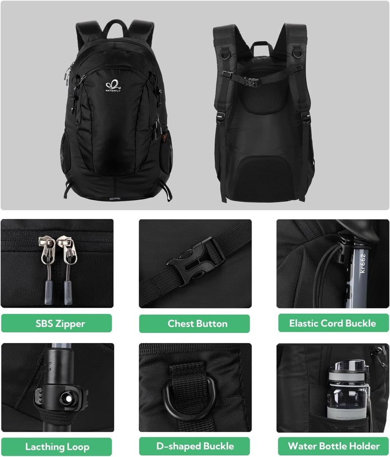 WATERFLY 30L Túrahátizsák - Vízálló Nylon Túra Hátizsák Lopásgátlóval és Esővédővel, Könnyű Kirándulóhátizsák Férfiaknak és Nőknek, Fekete - Black
