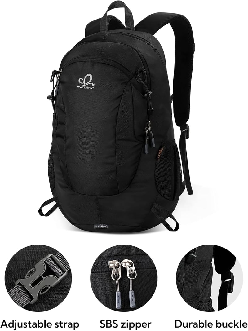 WATERFLY 30L Túrahátizsák - Vízálló Nylon Túra Hátizsák Lopásgátlóval és Esővédővel, Könnyű Kirándulóhátizsák Férfiaknak és Nőknek, Fekete - Black