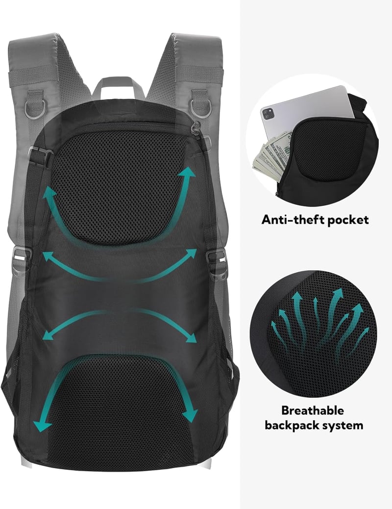 WATERFLY 30L Túrahátizsák - Vízálló Nylon Túra Hátizsák Lopásgátlóval és Esővédővel, Könnyű Kirándulóhátizsák Férfiaknak és Nőknek, Fekete - Black