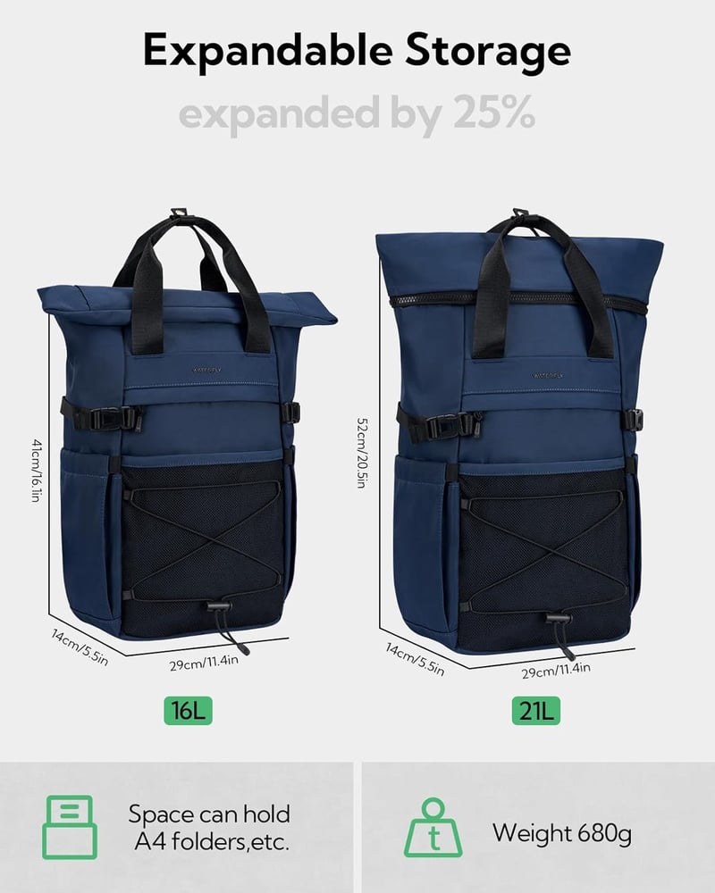 WATERFLY Rolltop hátizsák 16-21L laptop rekesz unisex utazási iskolahátizsák