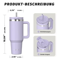 WATERSY Termos šalica od 1,2 L s 2 slamke, nepropusna termo šalica za kavu, vakuumski izolirana, s poklopcem na navoj bez BPA, održava hladnoću 12 sati, ljubičasta 3