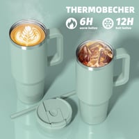 WATERSY 1,2 l Termosový pohár s 2 slamkami, nepriepustný termohrnček na kávu so sebou, vákuovo izolovaný s bezpečnými skrutkovacími viečkami bez obsahu BPA, 12-hodinové chladenie 2