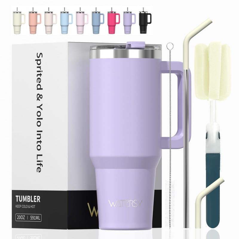 WATERSY 20 oz Termosový hrnček na kávu fialový, dvojstenný vákuovo izolovaný pohár z nehrdzavejúcej ocele, nepriepustný s rukoväťou a slamkou, 591 ml